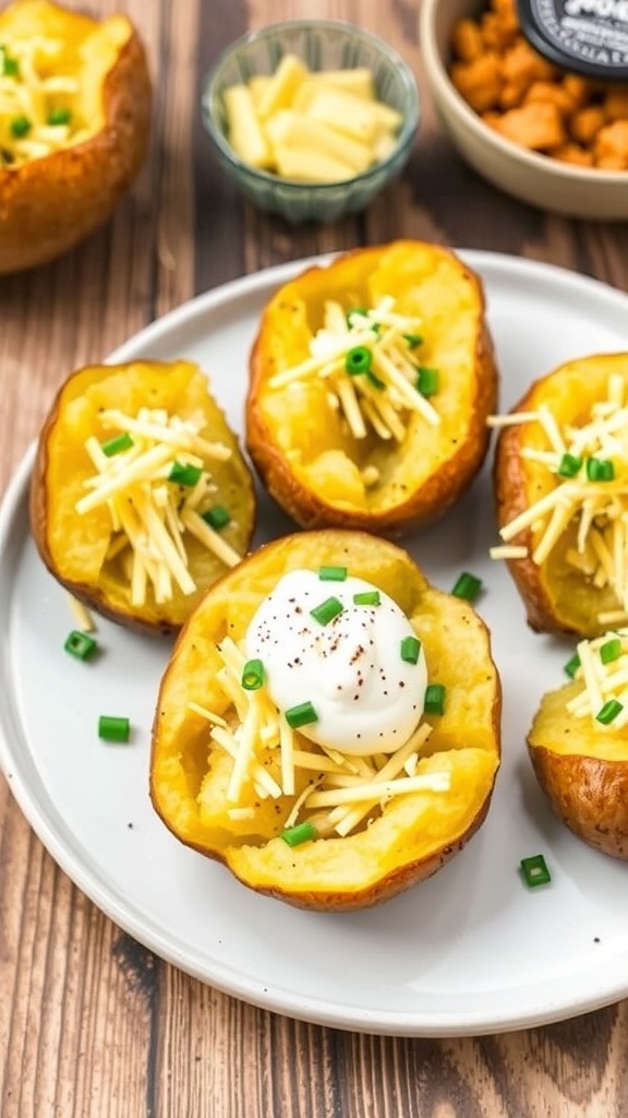 Air fryer baked Yukon Gold potatoes topped with sour cream, cheese, and chives on a rustic table.